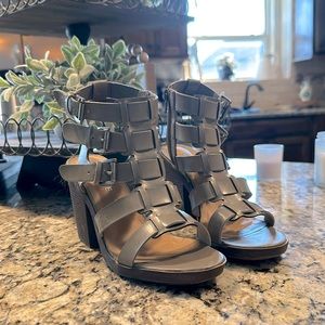 Rampage brownish grey heels with zipper closure.